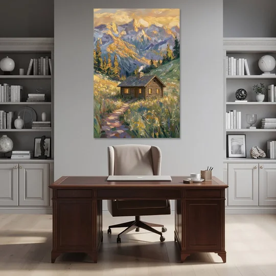 Mountain Cabin Painting with Chimney Smoke - Canvas Wall Art - Office - 40x60