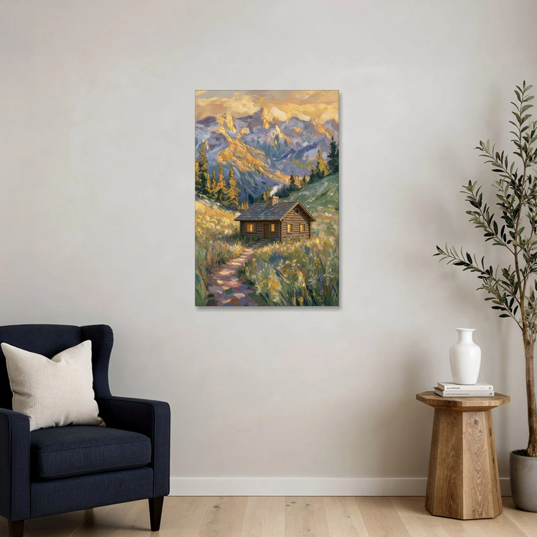 Mountain Cabin Painting with Chimney Smoke - Canvas Wall Art - Sofa - 24x36