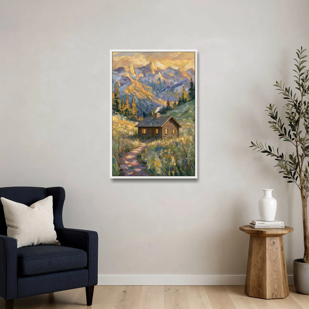 Mountain Cabin Painting with Chimney Smoke - White Framed Canvas Wall Art - Sofa - 24x36