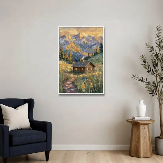 Mountain Cabin Painting with Chimney Smoke - White Framed Canvas Wall Art - Sofa - 24x36