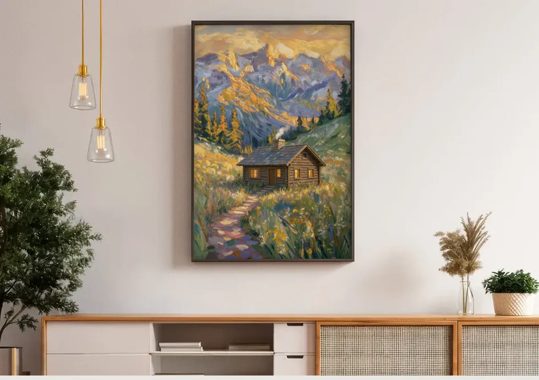 Mountain Cabin Painting with Chimney Smoke canvas wall art above a wooden sideboard under pendant lights