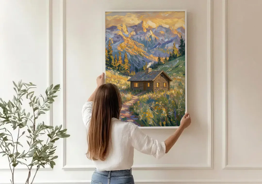 Mountain Cabin Painting with Chimney Smoke canvas wall art being hung on a paneled wall