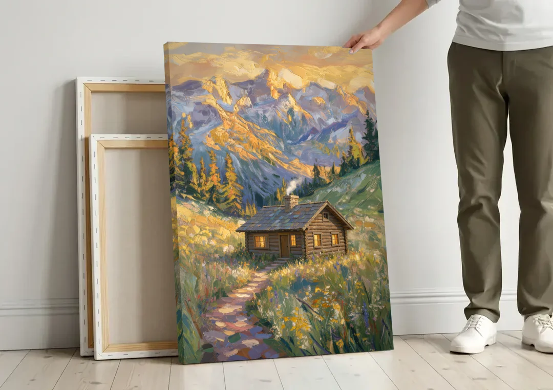 Mountain Cabin Painting with Chimney Smoke canvas wall art leaning against a wall next to blank canvases