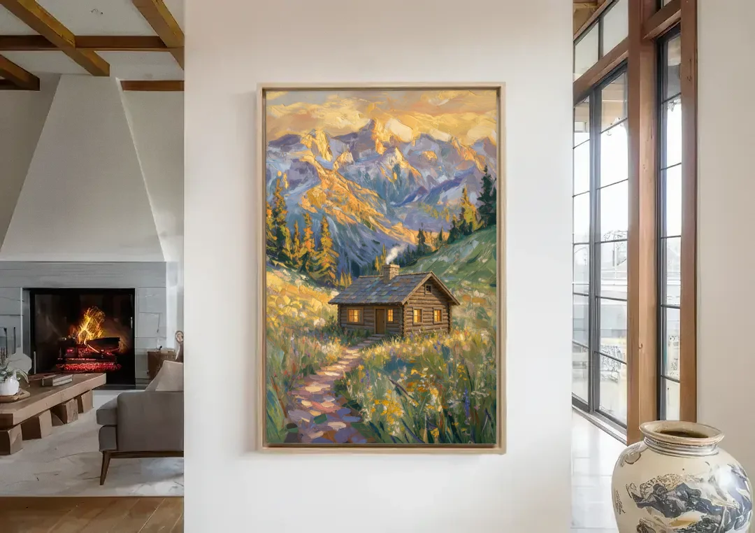 Mountain Cabin Painting with Chimney Smoke canvas wall art in a living room with a fireplace