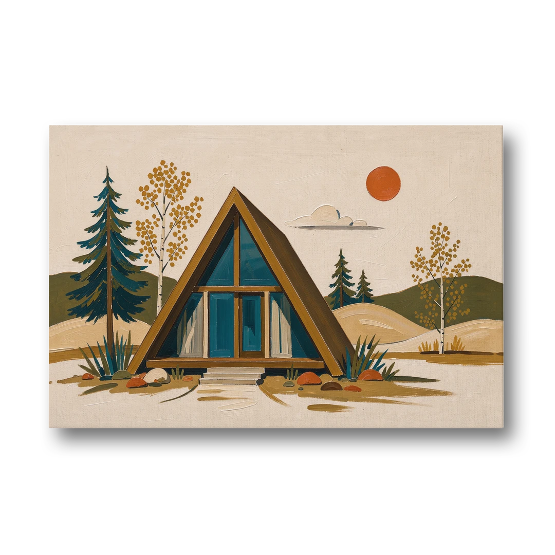 Mountain House Decor with an A-Frame and Golden Aspen - Canvas Wall Art - Front