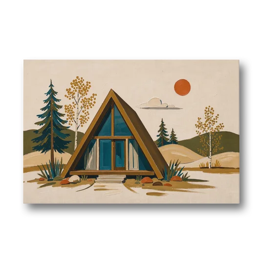Mountain House Decor with an A-Frame and Golden Aspen - Canvas Wall Art - Front