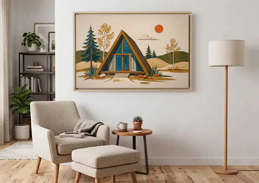 Mountain House Decor with an A-Frame and Golden Aspen canvas wall art above an armchair in a bright living room