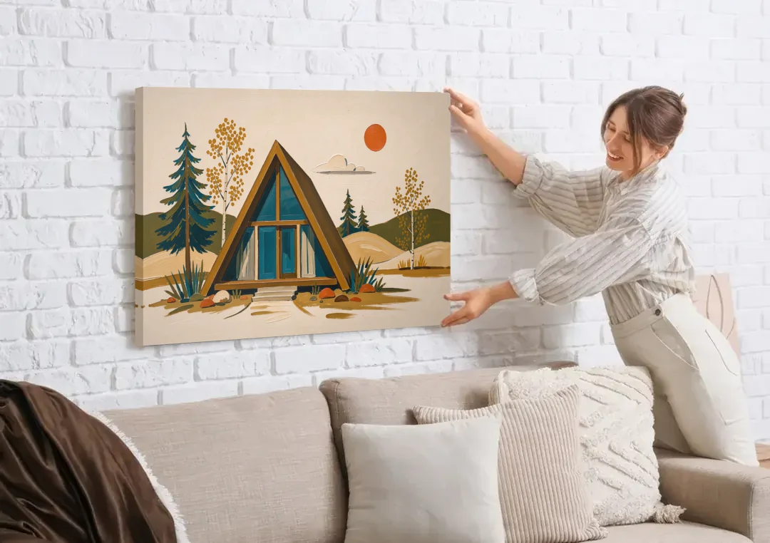 Mountain House Decor with an A-Frame and Golden Aspen canvas wall art being hung on a white brick wall above a sofa