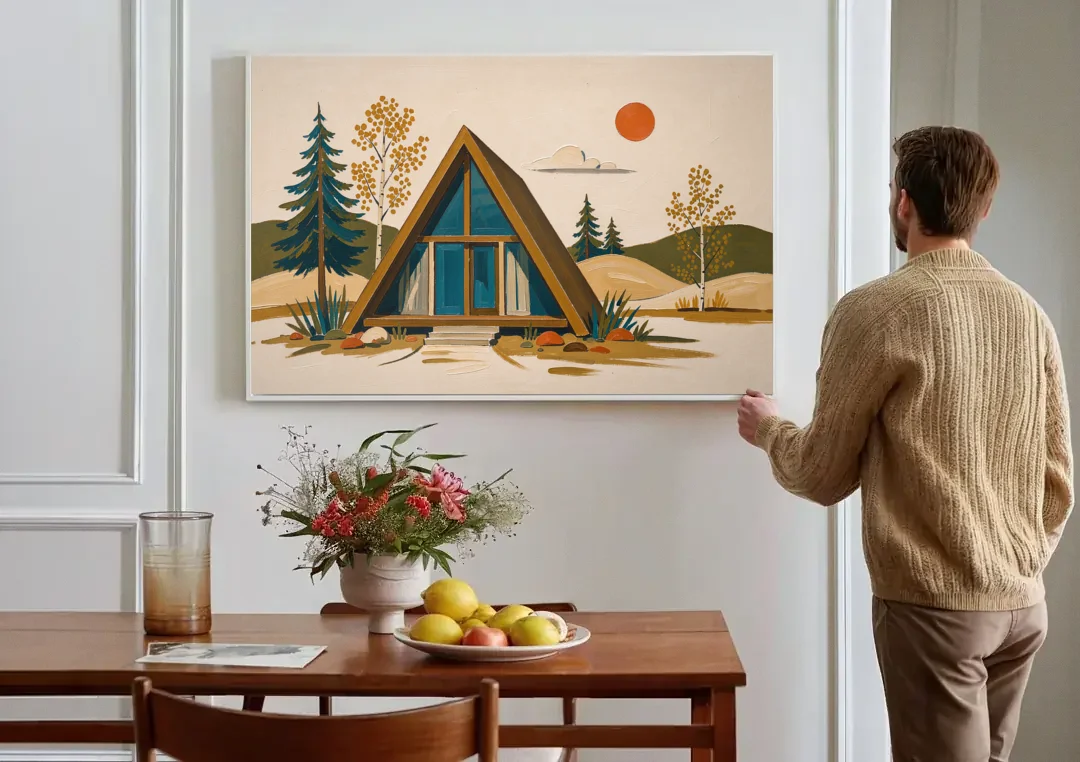 Mountain House Decor with an A-Frame and Golden Aspen canvas wall art above a dining table