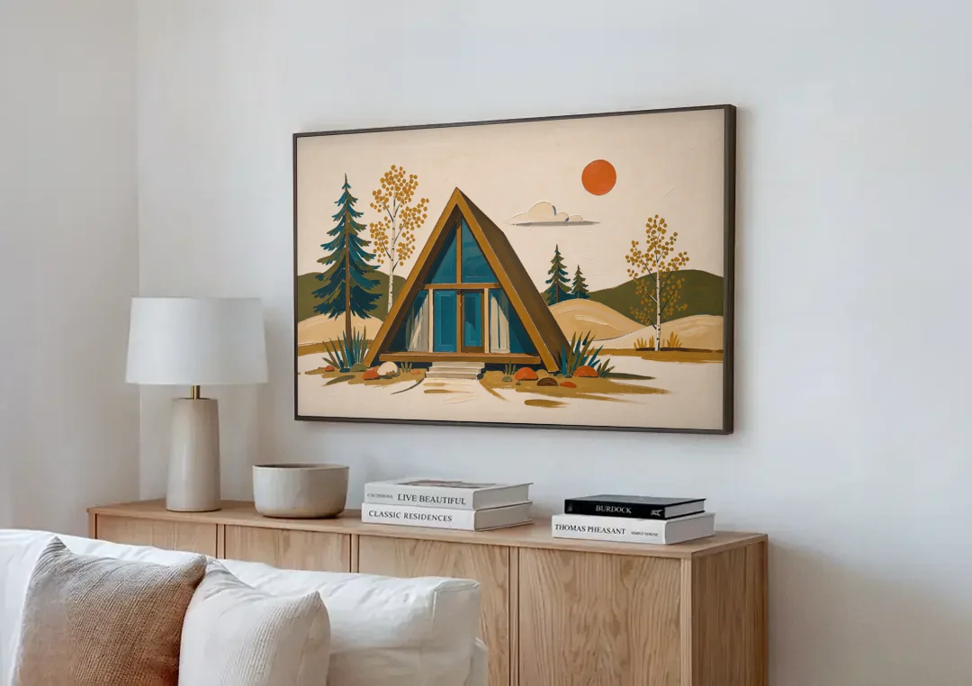 Mountain House Decor with an A-Frame and Golden Aspen canvas wall art above a wooden sideboard next to a sofa
