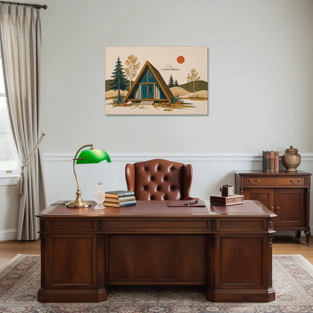 Mountain House Decor with an A-Frame and Golden Aspen - Canvas Wall Art - Office - 36x24