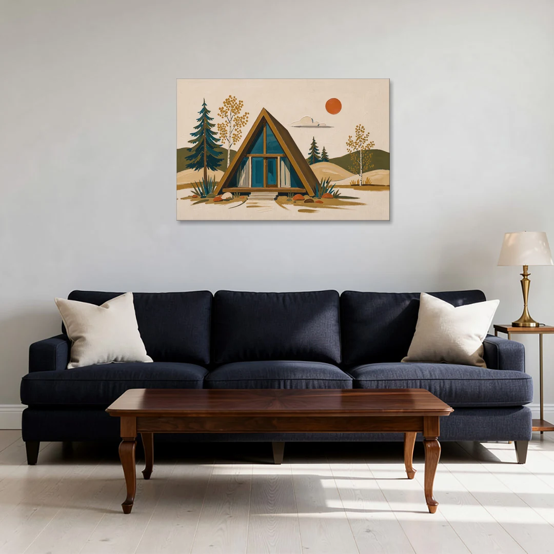 Mountain House Decor with an A-Frame and Golden Aspen - Canvas Wall Art - Sofa - 36x24