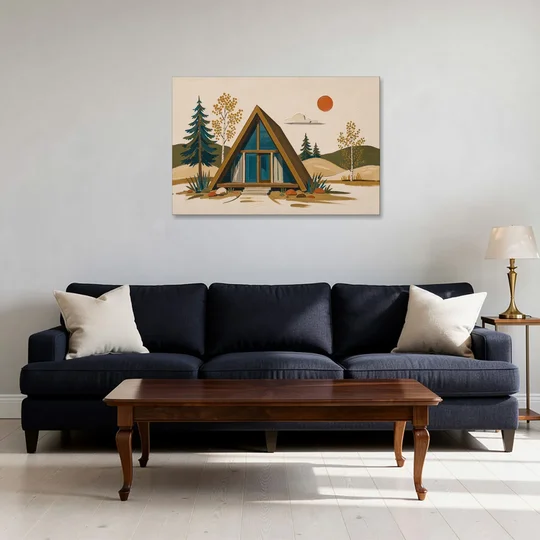 Mountain House Decor with an A-Frame and Golden Aspen - Canvas Wall Art - Sofa - 36x24