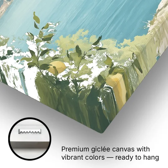 Mountain Lake Painting with Lemon Branches - Canvas Wall Art - Gallery Wrap Corner