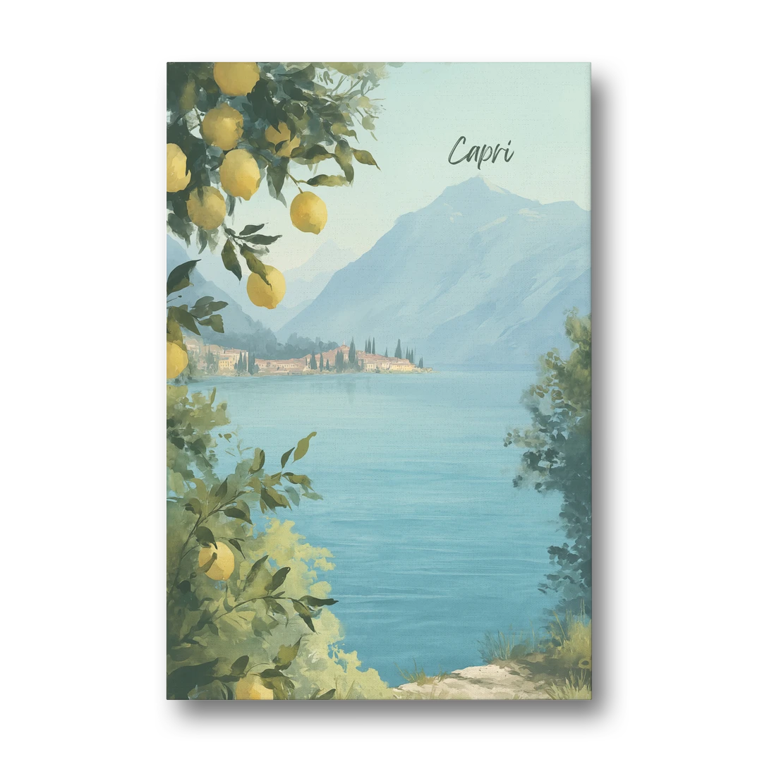 Mountain Lake Painting with Lemon Branches - Canvas Wall Art - Front
