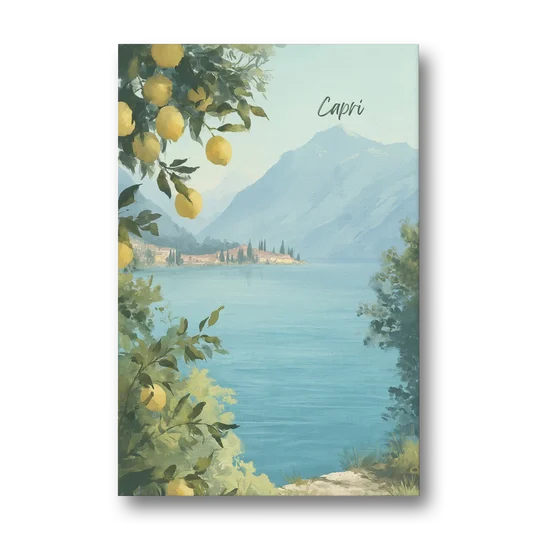 Mountain Lake Painting with Lemon Branches - Canvas Wall Art - Front