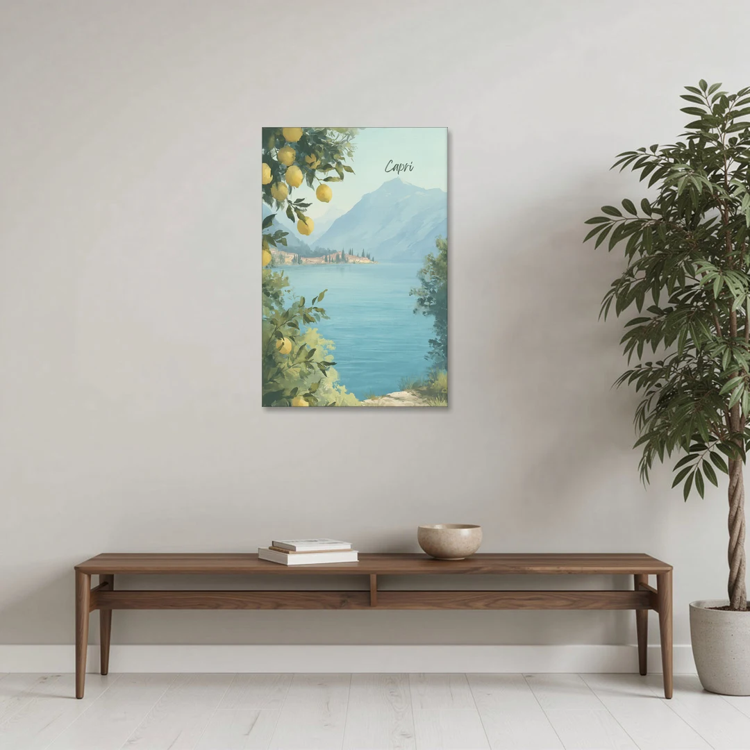 Mountain Lake Painting with Lemon Branches - Canvas Wall Art - Coffee Table - 24x36