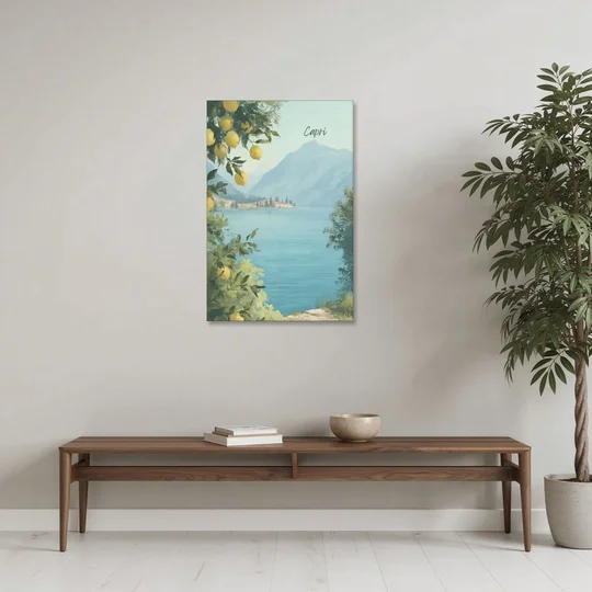 Mountain Lake Painting with Lemon Branches - Canvas Wall Art - Coffee Table - 24x36