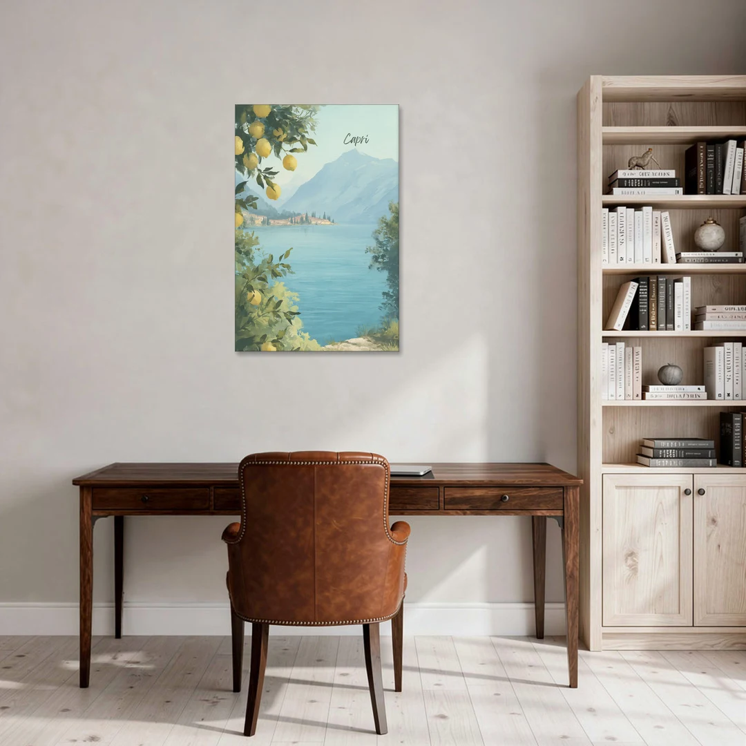 Mountain Lake Painting with Lemon Branches - Canvas Wall Art - Office - 24x36