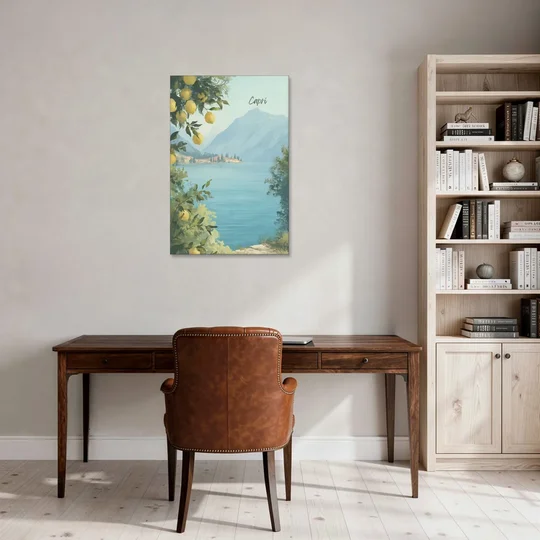 Mountain Lake Painting with Lemon Branches - Canvas Wall Art - Office - 24x36