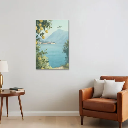 Mountain Lake Painting with Lemon Branches - Canvas Wall Art - Sofa - 24x36