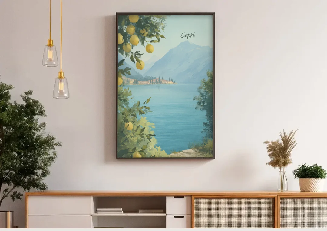 Mountain Lake Painting with Lemon Branches canvas wall art above a wooden sideboard under pendant lights