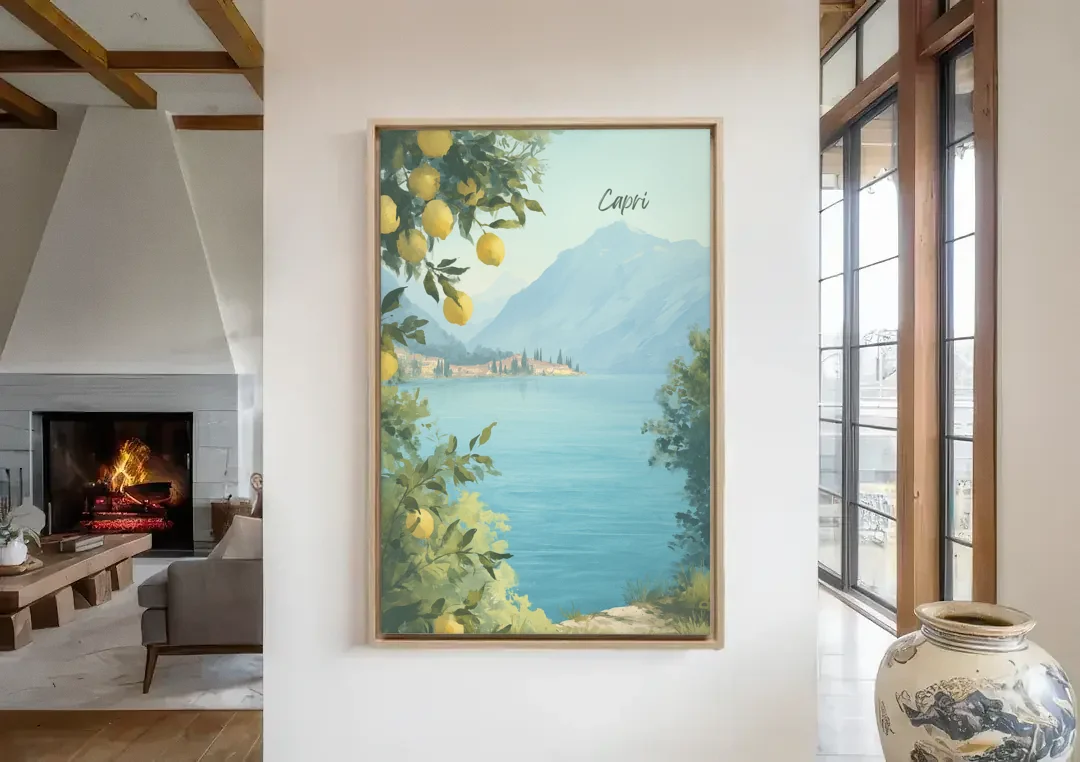 Mountain Lake Painting with Lemon Branches canvas wall art in a living room with a fireplace