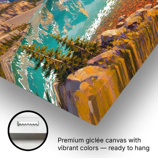 Mountain Lake Painting with Turquoise Reflections - Canvas Wall Art - Gallery Wrap Corner