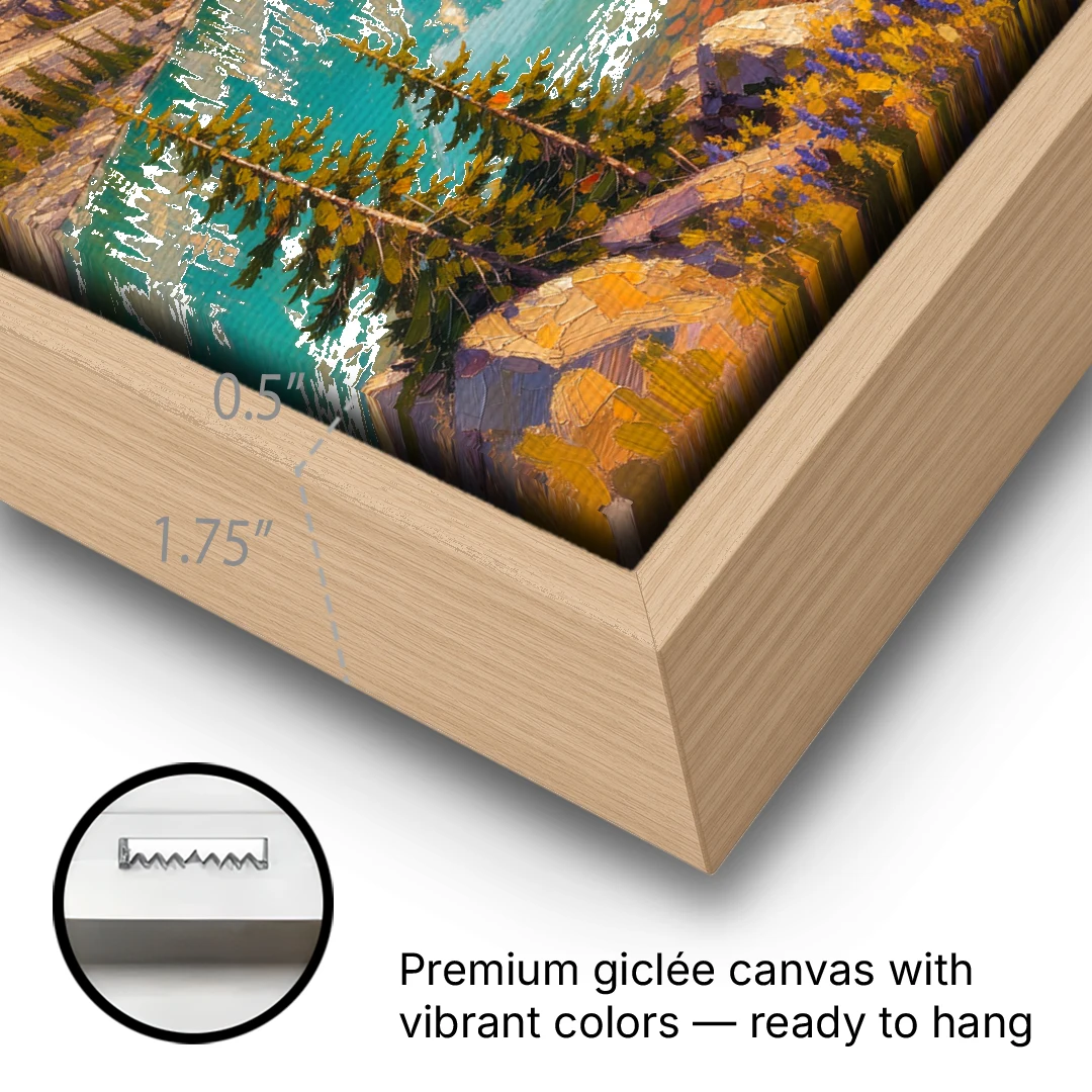 Mountain Lake Painting with Turquoise Reflections - Oak Framed Canvas Wall Art - Gallery Wrap Corner
