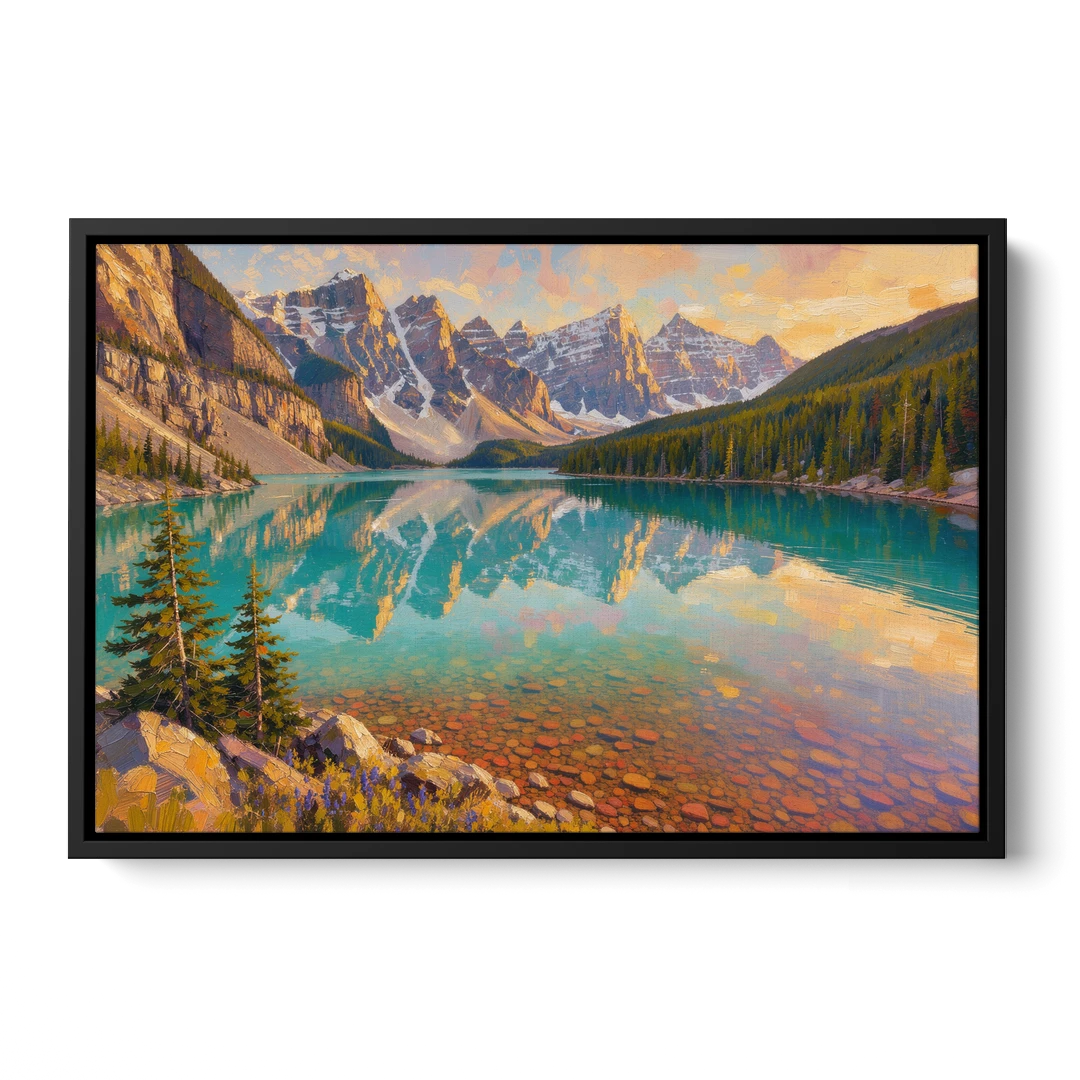 Mountain Lake Painting with Turquoise Reflections - Black Framed Canvas Wall Art - Front