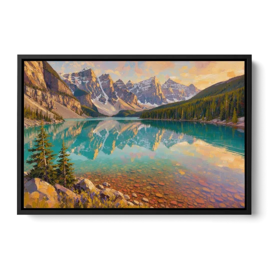 Mountain Lake Painting with Turquoise Reflections - Black Framed Canvas Wall Art - Front