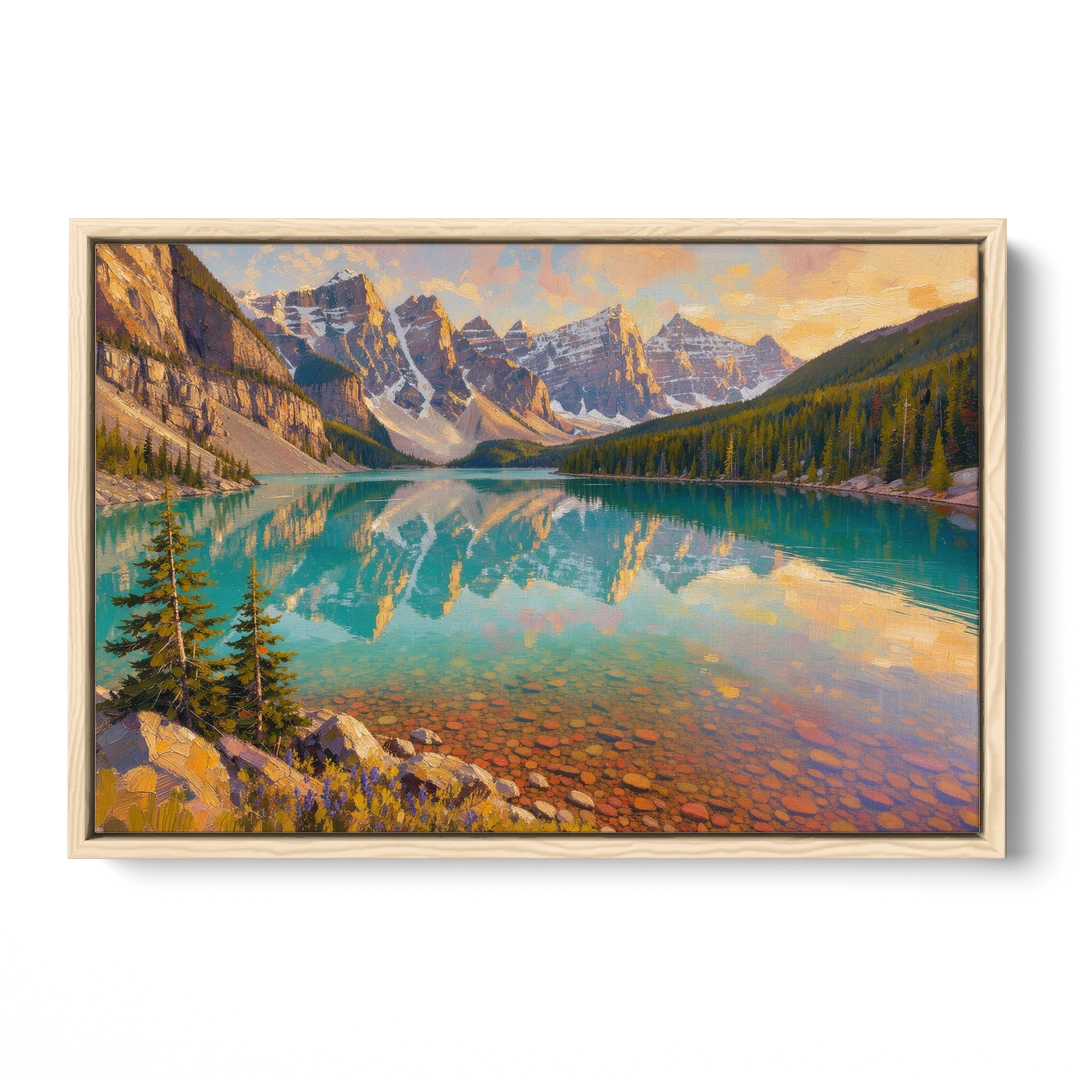 Mountain Lake Painting with Turquoise Reflections - Oak Framed Canvas Wall Art - Front