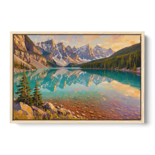 Mountain Lake Painting with Turquoise Reflections - Oak Framed Canvas Wall Art - Front