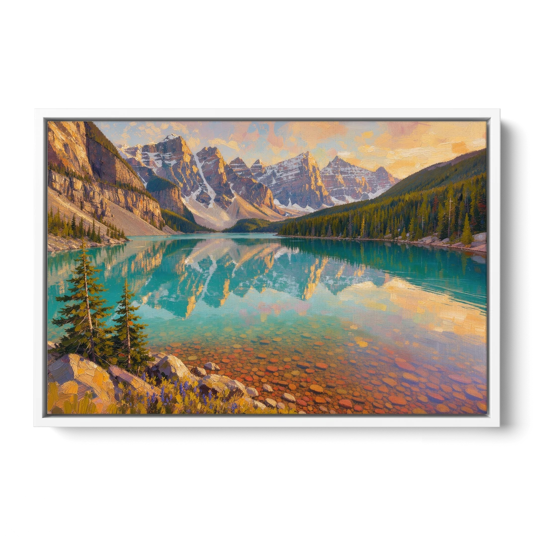 Mountain Lake Painting with Turquoise Reflections - White Framed Canvas Wall Art - Front