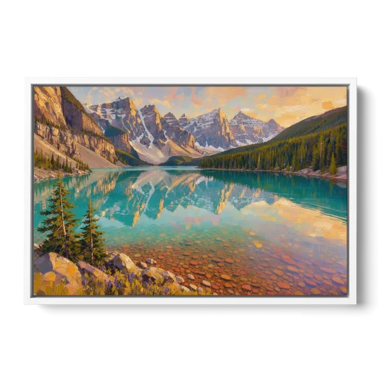 Mountain Lake Painting with Turquoise Reflections - White Framed Canvas Wall Art - Front
