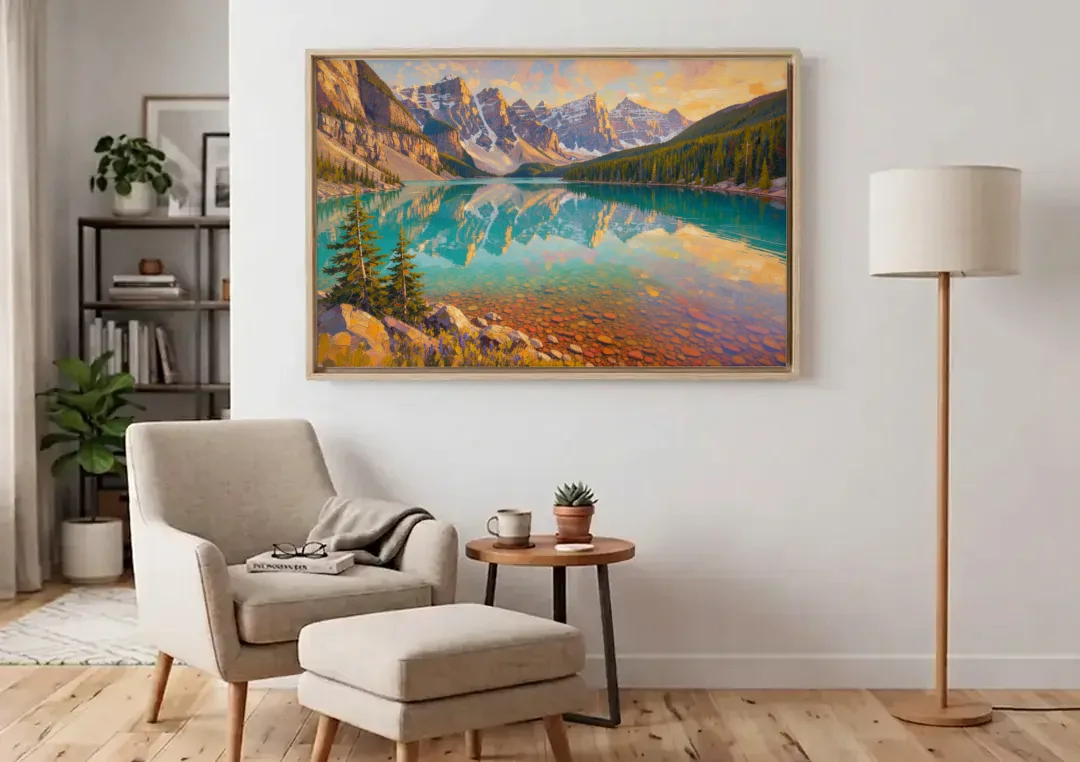 Mountain Lake Painting with Turquoise Reflections canvas wall art above an armchair in a bright living room