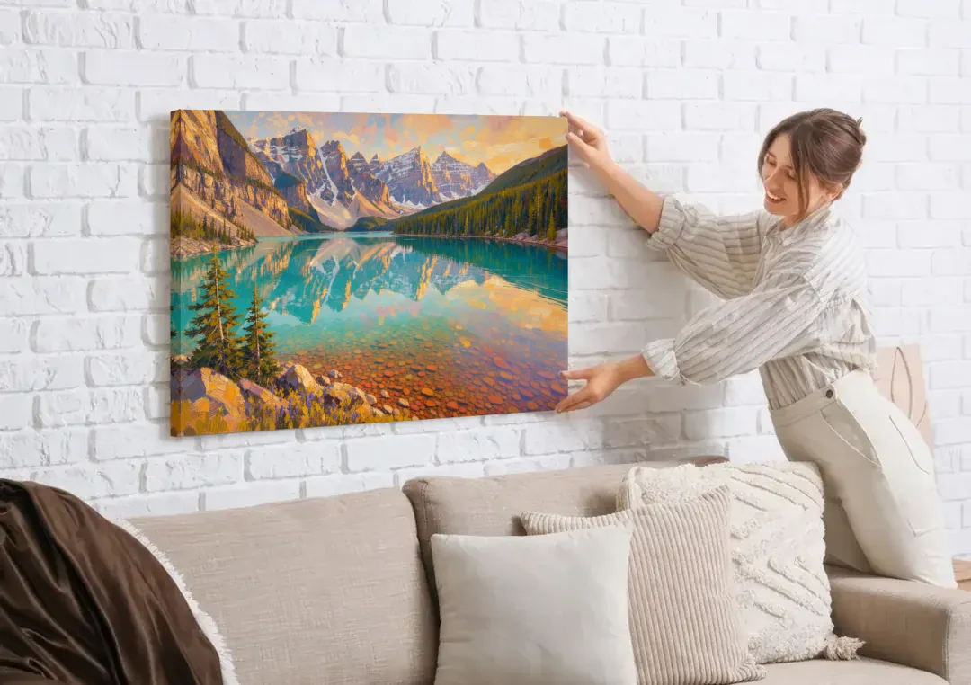 Mountain Lake Painting with Turquoise Reflections canvas wall art being hung on a white brick wall above a sofa