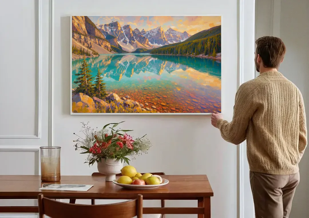 Mountain Lake Painting with Turquoise Reflections canvas wall art above a dining table