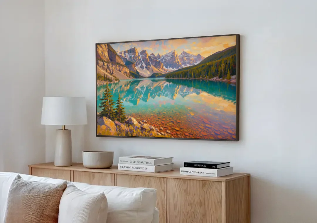 Mountain Lake Painting with Turquoise Reflections canvas wall art above a wooden sideboard next to a sofa