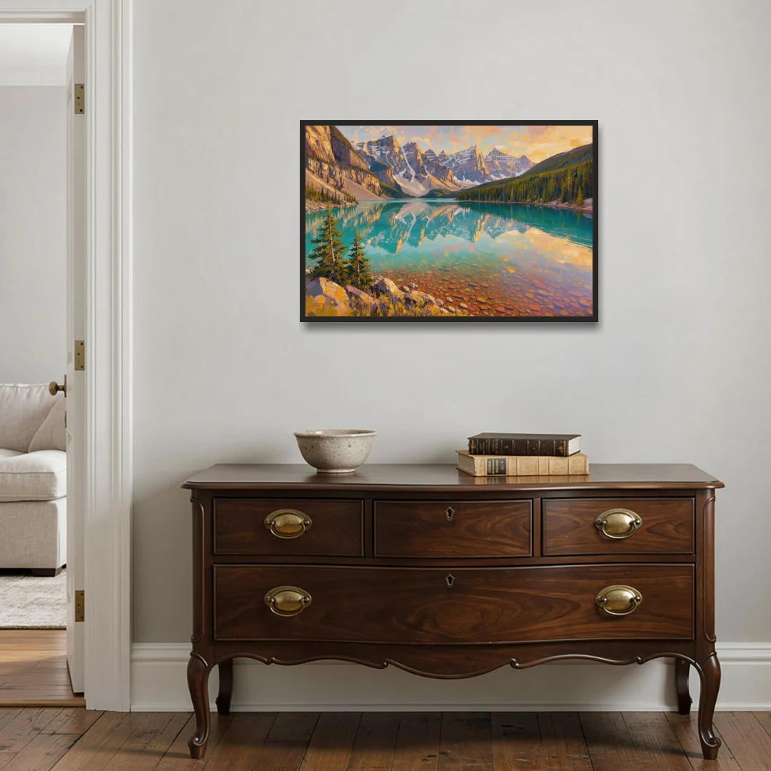 Mountain Lake Painting with Turquoise Reflections - Black Framed Canvas Wall Art - Coffee Table - 36x24