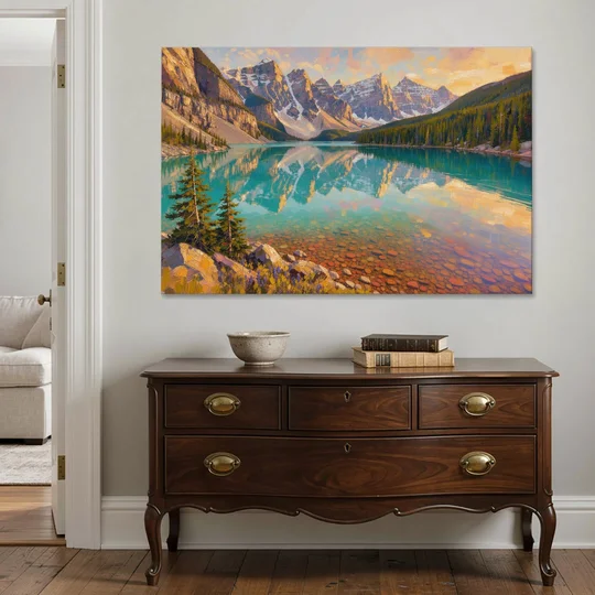 Mountain Lake Painting with Turquoise Reflections - Canvas Wall Art - Coffee Table - 60x40