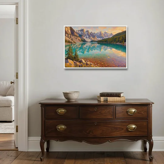 Mountain Lake Painting with Turquoise Reflections - White Framed Canvas Wall Art - Coffee Table - 36x24