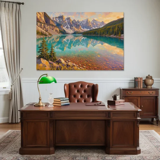 Mountain Lake Painting with Turquoise Reflections - Canvas Wall Art - Office - 60x40