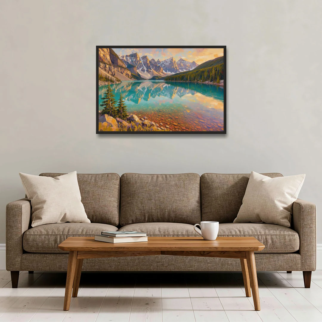 Mountain Lake Painting with Turquoise Reflections - Black Framed Canvas Wall Art - Sofa - 36x24