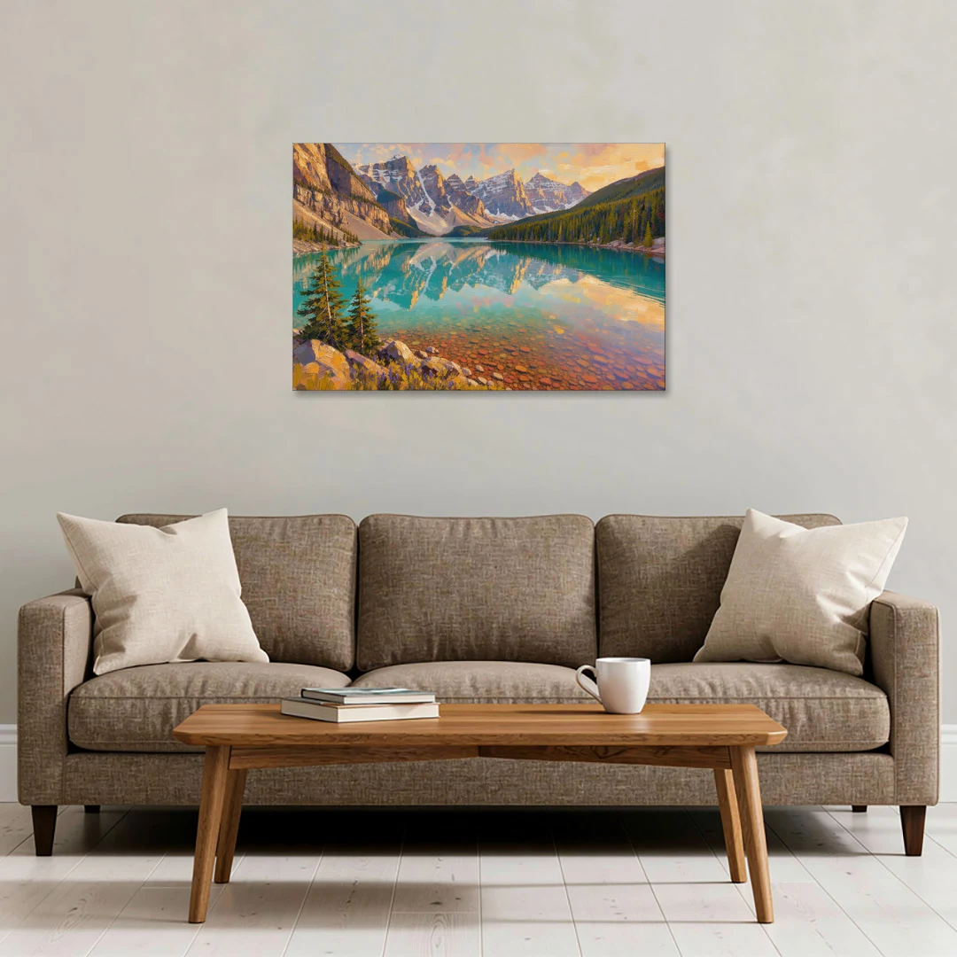 Mountain Lake Painting with Turquoise Reflections - Canvas Wall Art - Sofa - 36x24