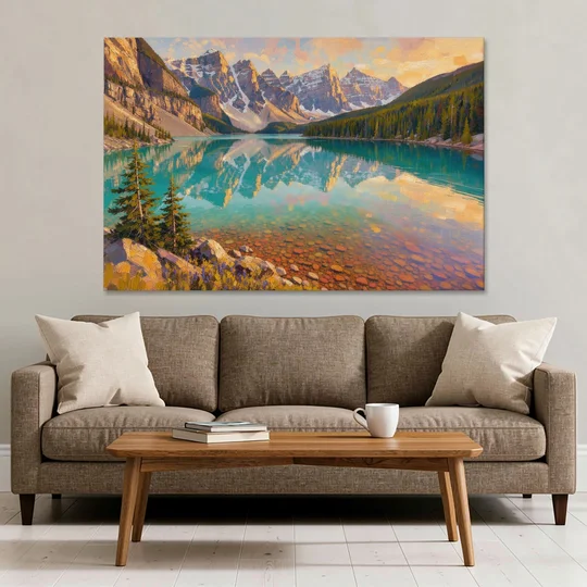 Mountain Lake Painting with Turquoise Reflections - Canvas Wall Art - Sofa - 60x40