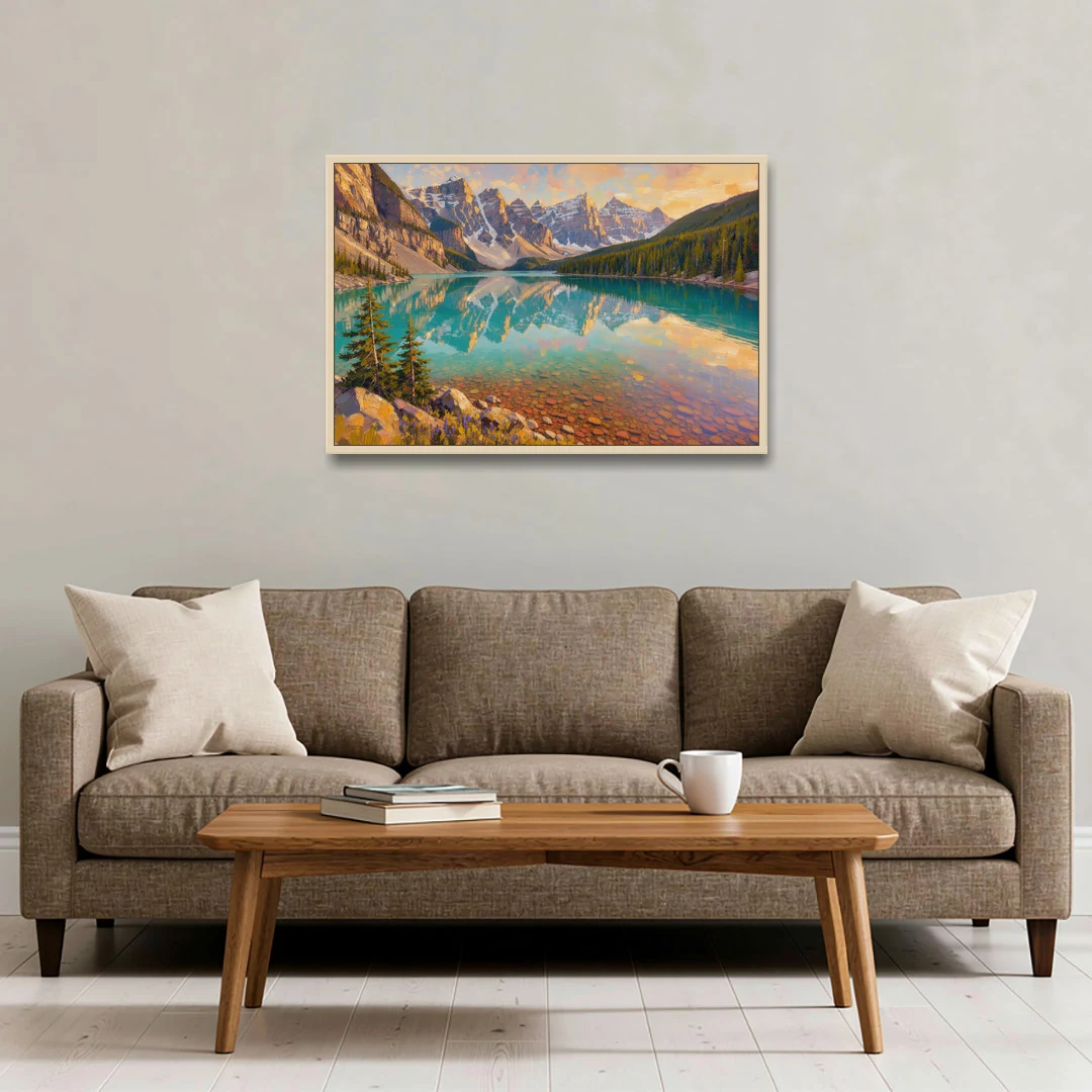 Mountain Lake Painting with Turquoise Reflections - Oak Framed Canvas Wall Art - Sofa - 36x24