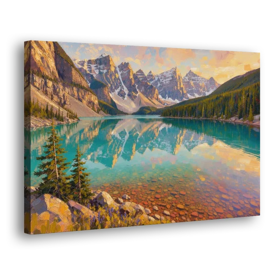 Mountain Lake Painting with Turquoise Reflections - Canvas Wall Art - Side