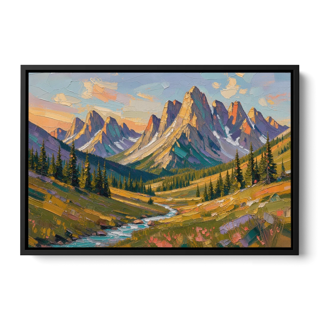 Mountain Landscape Painting of a Late Summer Valley - Black Framed Canvas Wall Art - Front