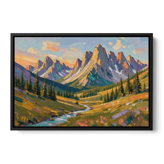 Mountain Landscape Painting of a Late Summer Valley - Black Framed Canvas Wall Art - Front